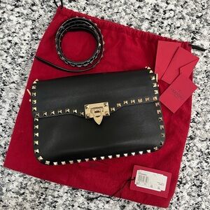 Valentino Garvani Vitello Medium Rockstud Flap Saddle Bag Black $2,645